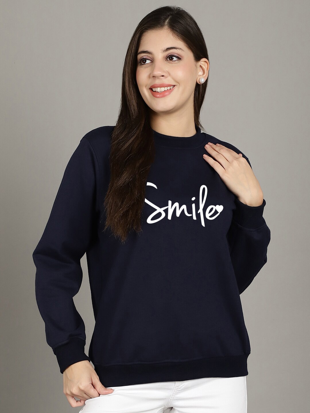 

Jinfo Typography Printed Pullover Fleece Sweatshirt, Navy blue