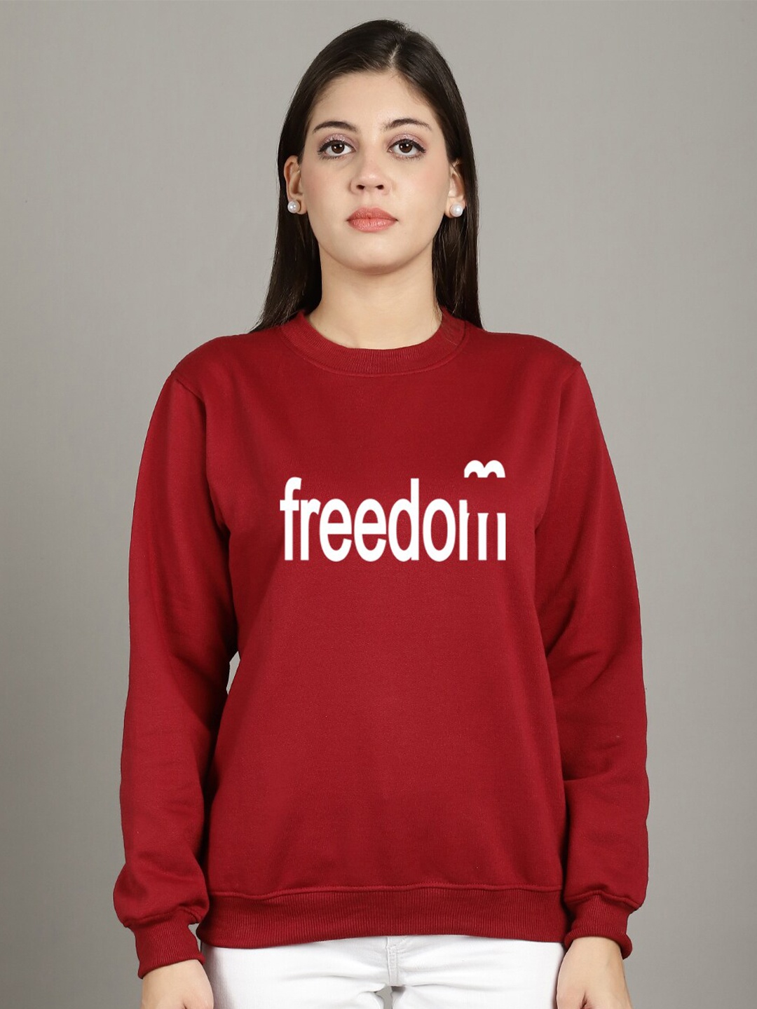 

Jinfo Freedom Printed Round Neck Long Sleeves Fleece Pullover Sweatshirt, Maroon