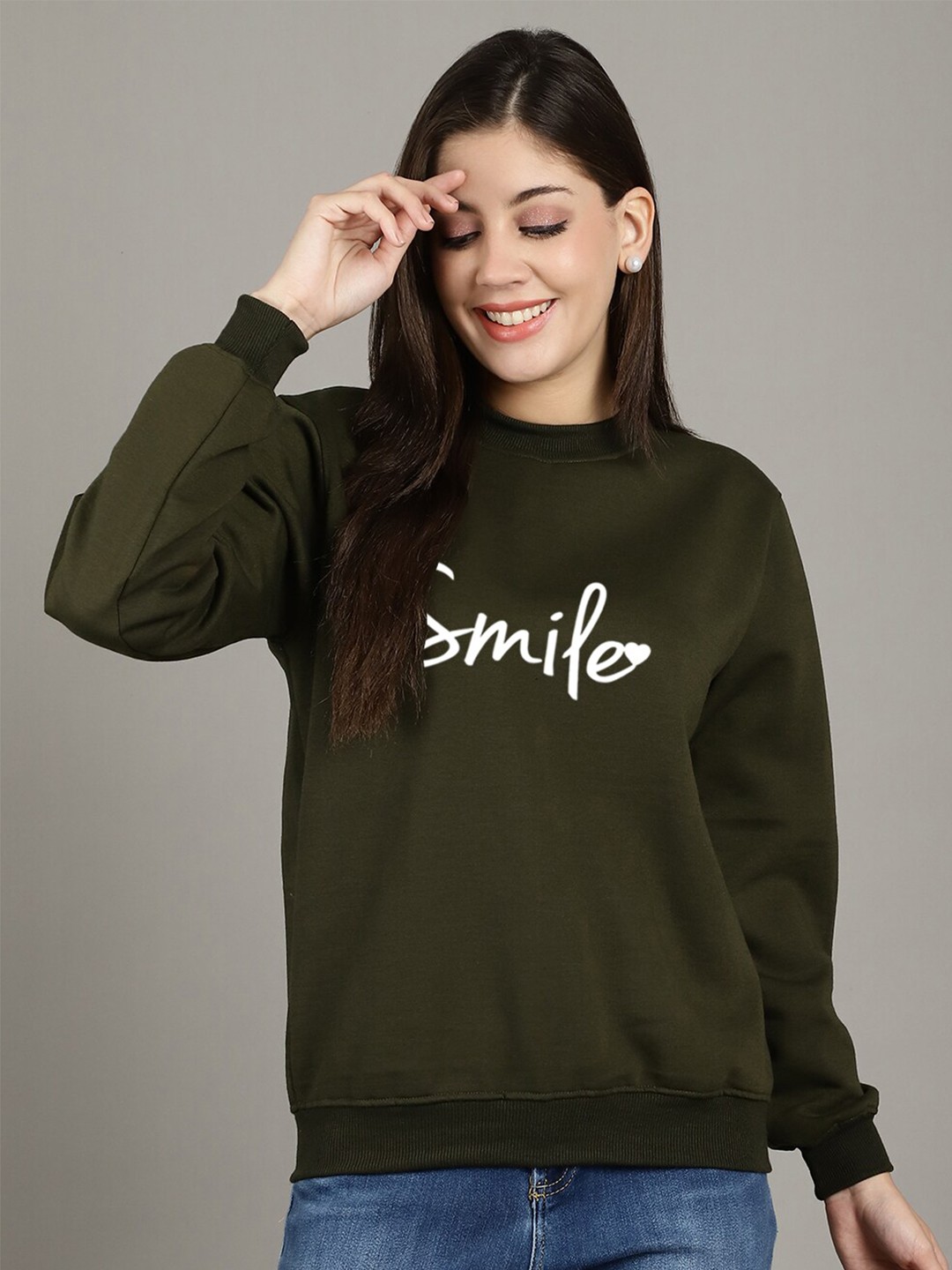 

Jinfo Smile Printed Round Neck Long Sleeves Fleece Pullover Sweatshirt, Green