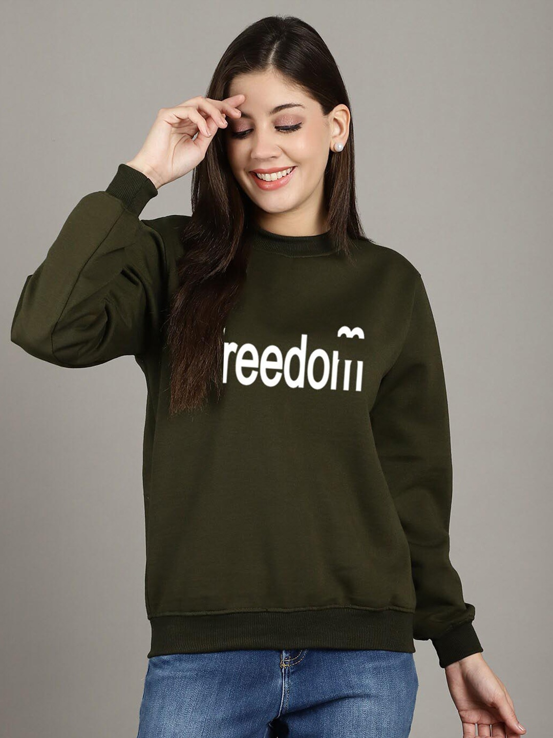 

Jinfo Freedom Printed Round Neck Long Sleeves Fleece Pullover Sweatshirt, Green