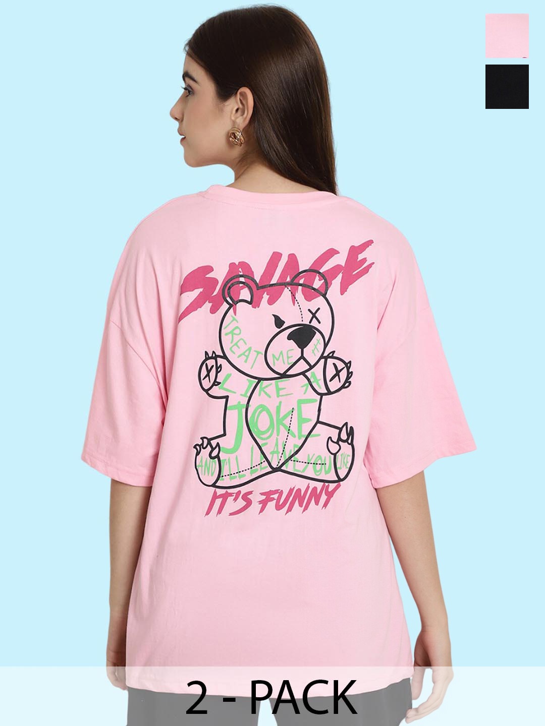 BAESD Pack Of 2 Printed Oversized Cotton T-shirt, Pink