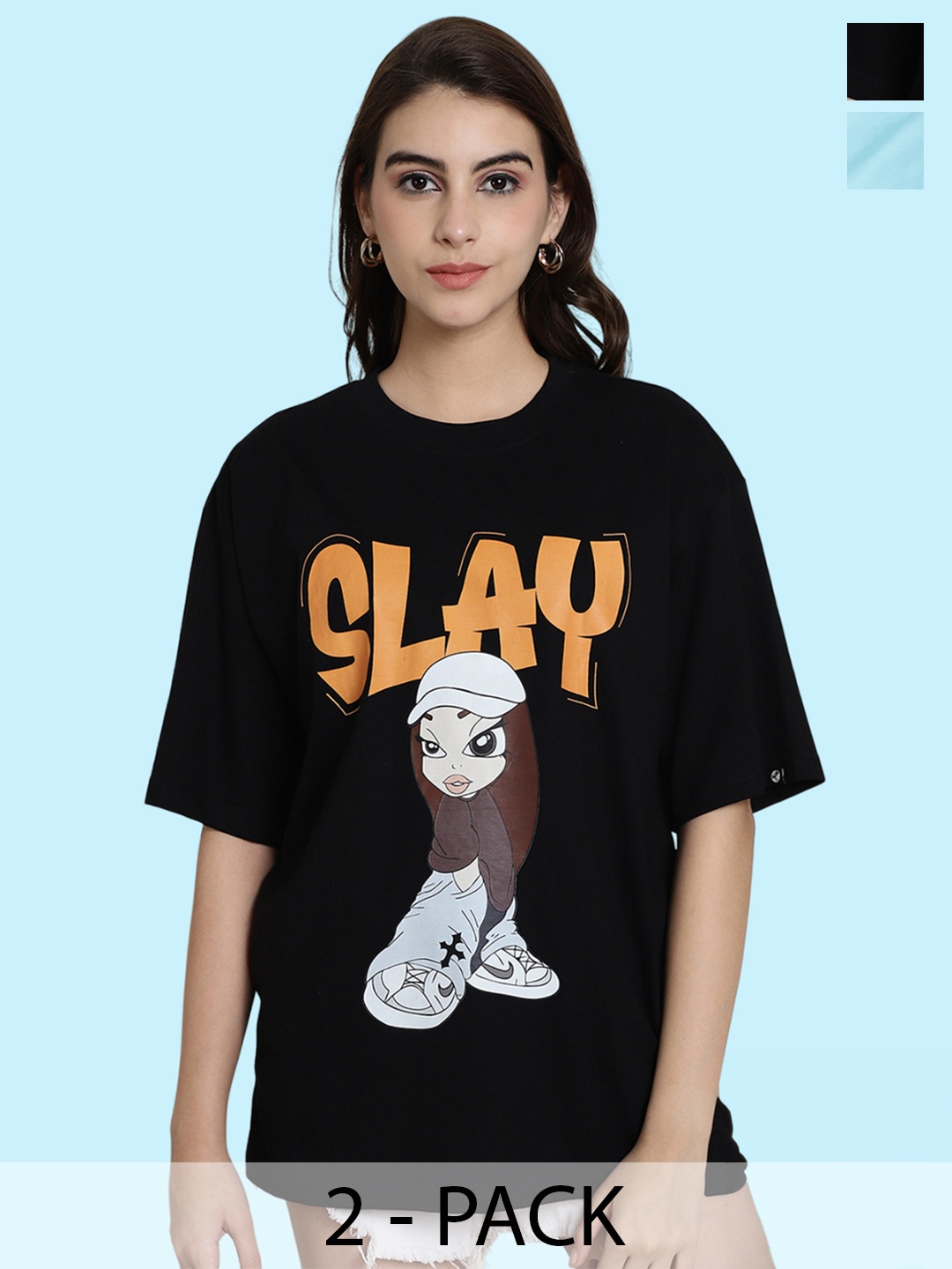 

BAESD Pack Of 2 Elsa Printed Oversize Cotton T-shirts, Black