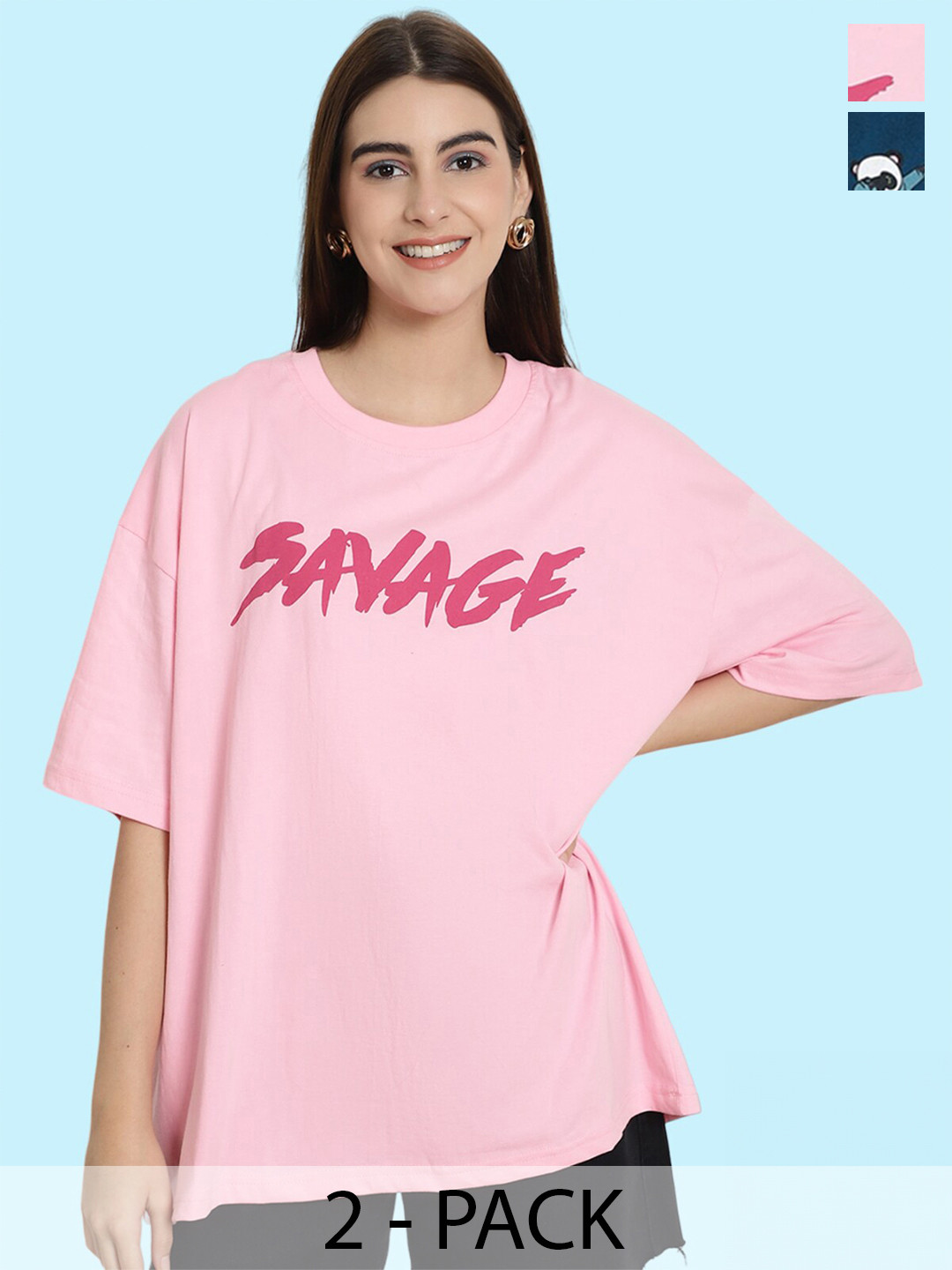 

BAESD Pack Of 2 Printed Oversized Cotton T-shirt, Pink