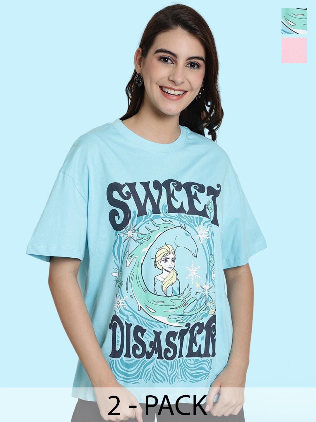 

BAESD Pack Of 2 Printed Round Neck Oversized Cotton T-shirts, Blue