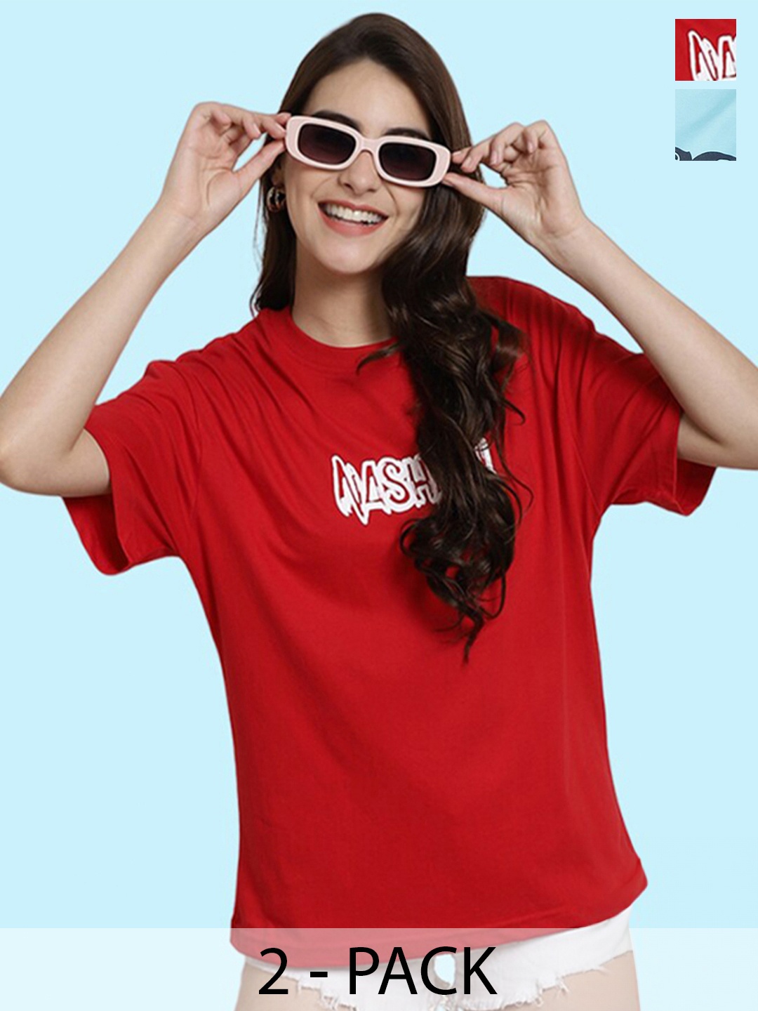 

BAESD Pack Of 2 Elsa Printed Oversized Cotton T-shirt, Red
