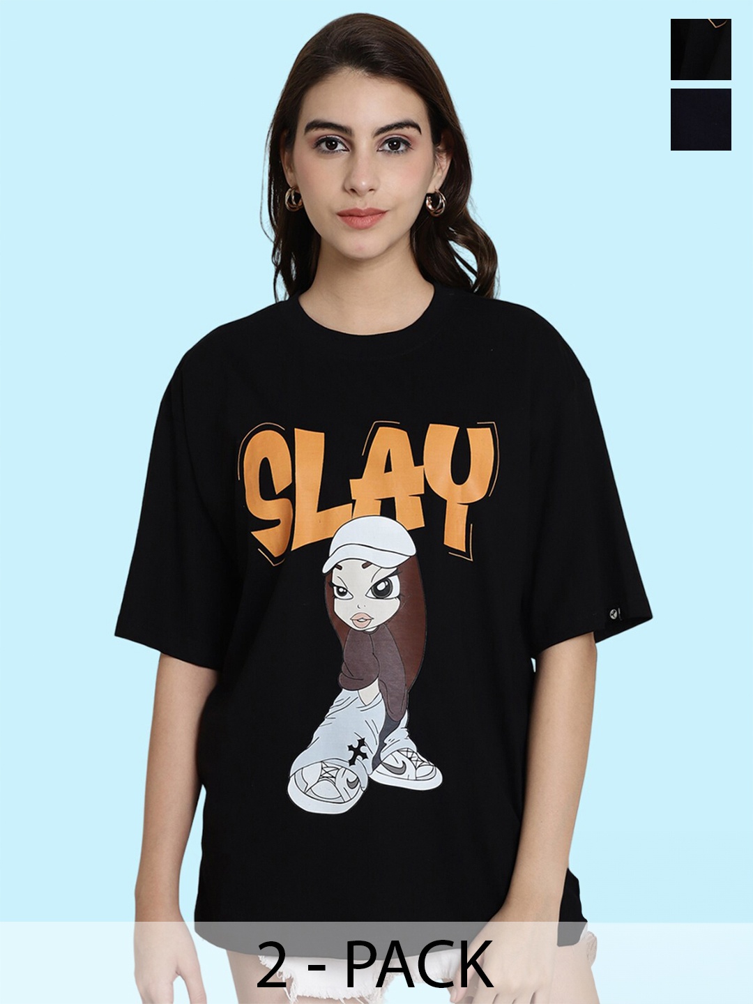 

BAESD Pack Of 2 Typography Printed Drop-Shoulder Sleeves Cotton Longline Oversized T-shirt, Black