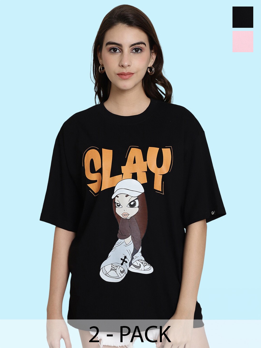 

BAESD Pack Of 2 Printed Oversized Cotton T-shirts, Black