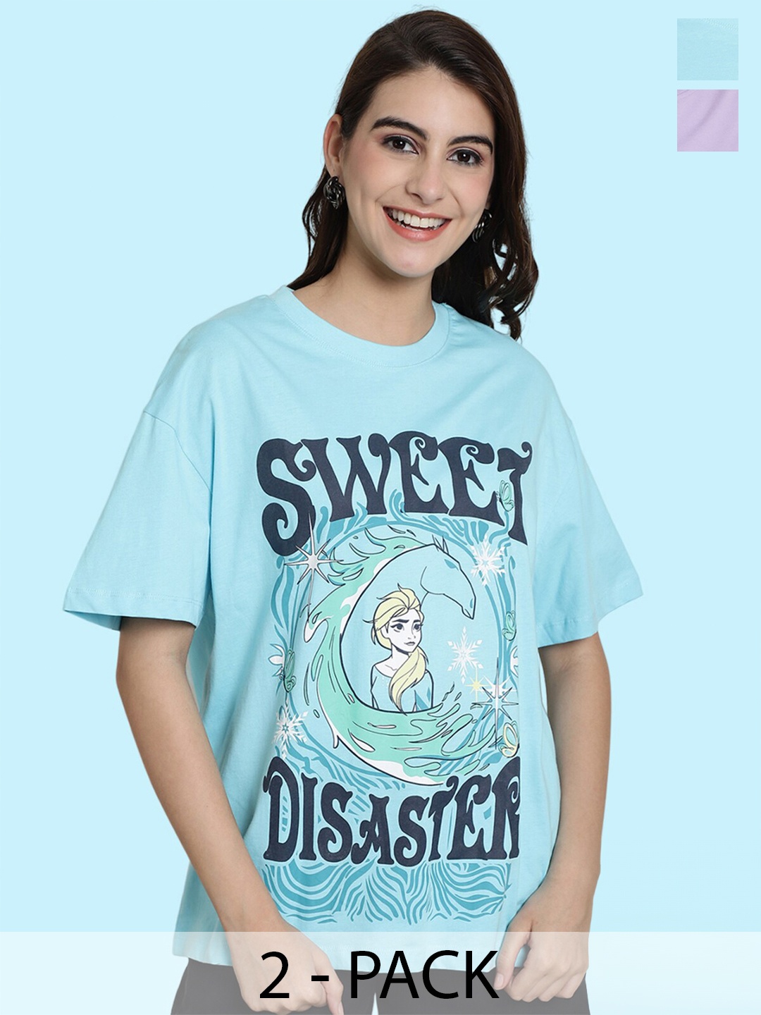 BAESD Pack Of 2 Elsa Printed Oversize Cotton T-shirts, Blue