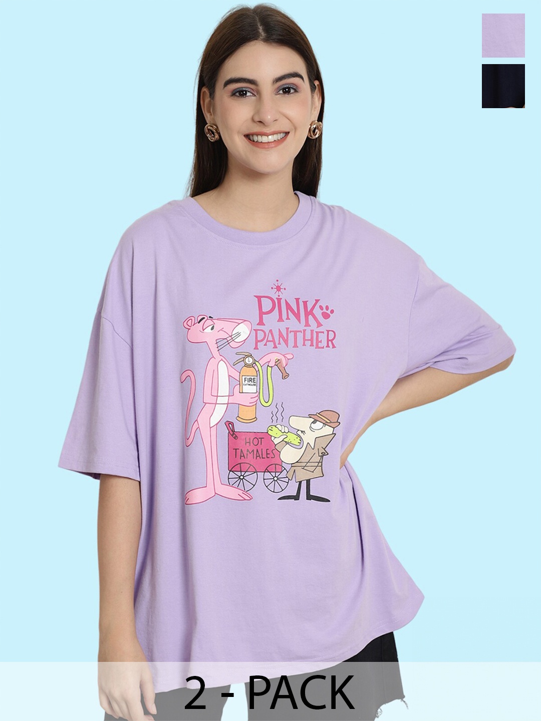 

BAESD Pack Of 2 Pink Panther Printed Oversized Cotton T-shirt, Lavender