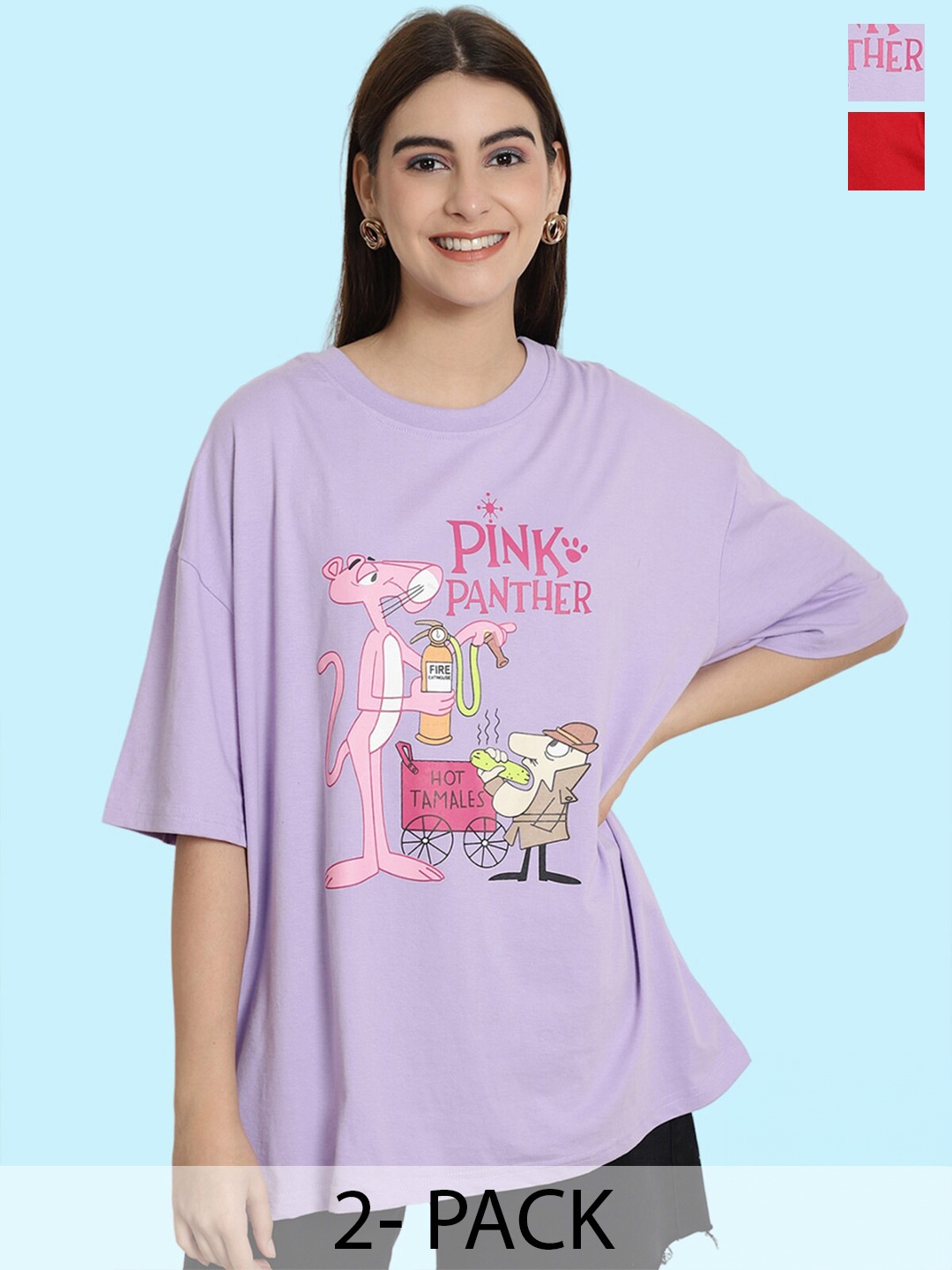 

BAESD Pack Of 2 Pink Panther Printed Oversized Cotton T-shirt, Lavender