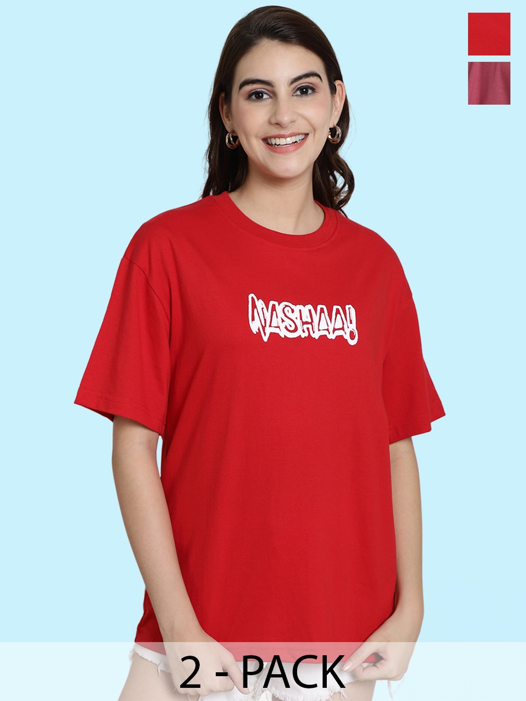 

BAESD Pack Of 2 Graphic Printed Drop-Shoulder Sleeves Oversized Cotton T-shirt, Red