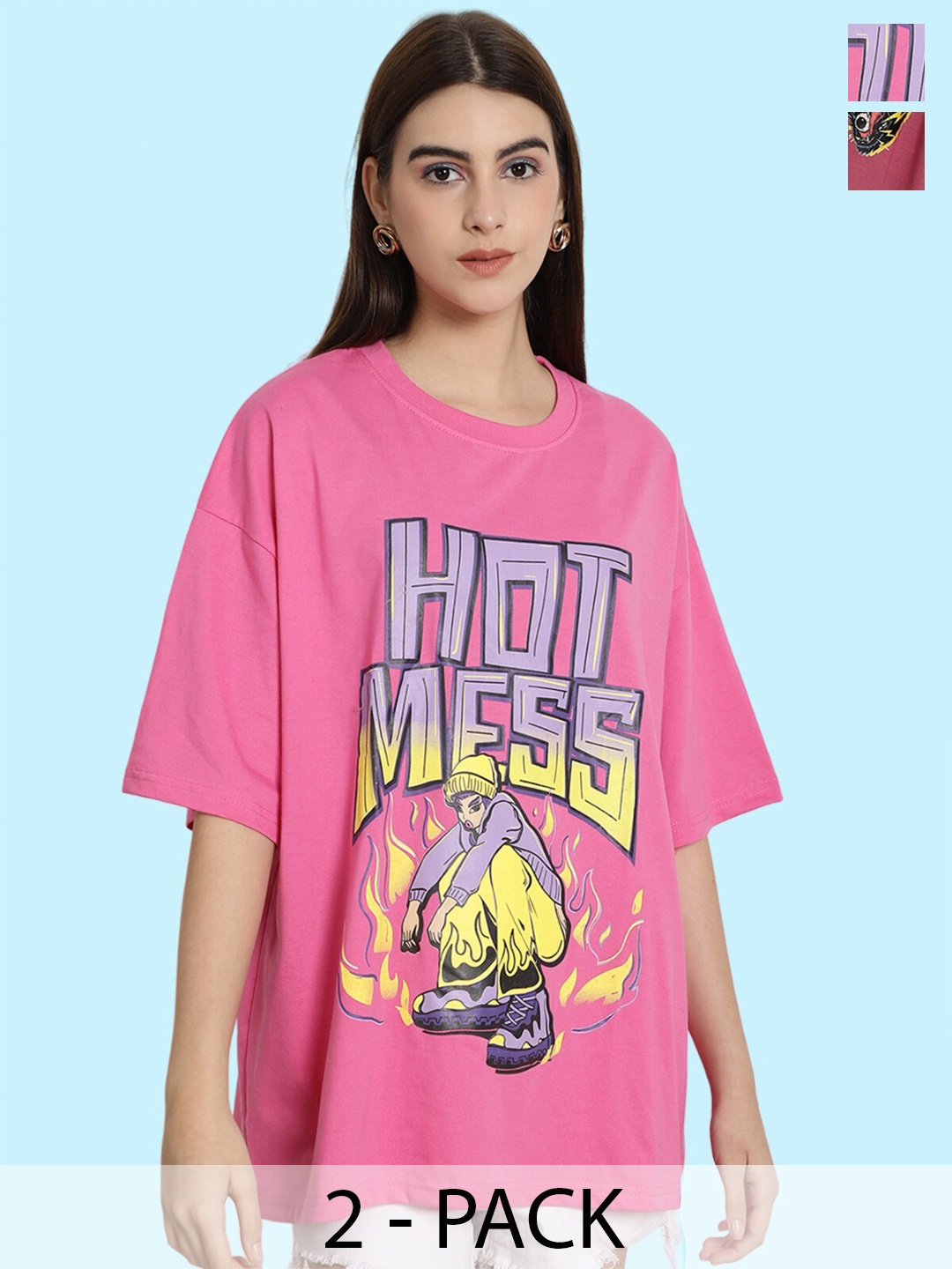 

BAESD Pack Of 2 Typography Printed Drop-Shoulder Sleeves Longline Cotton Oversized T-shirt, Pink