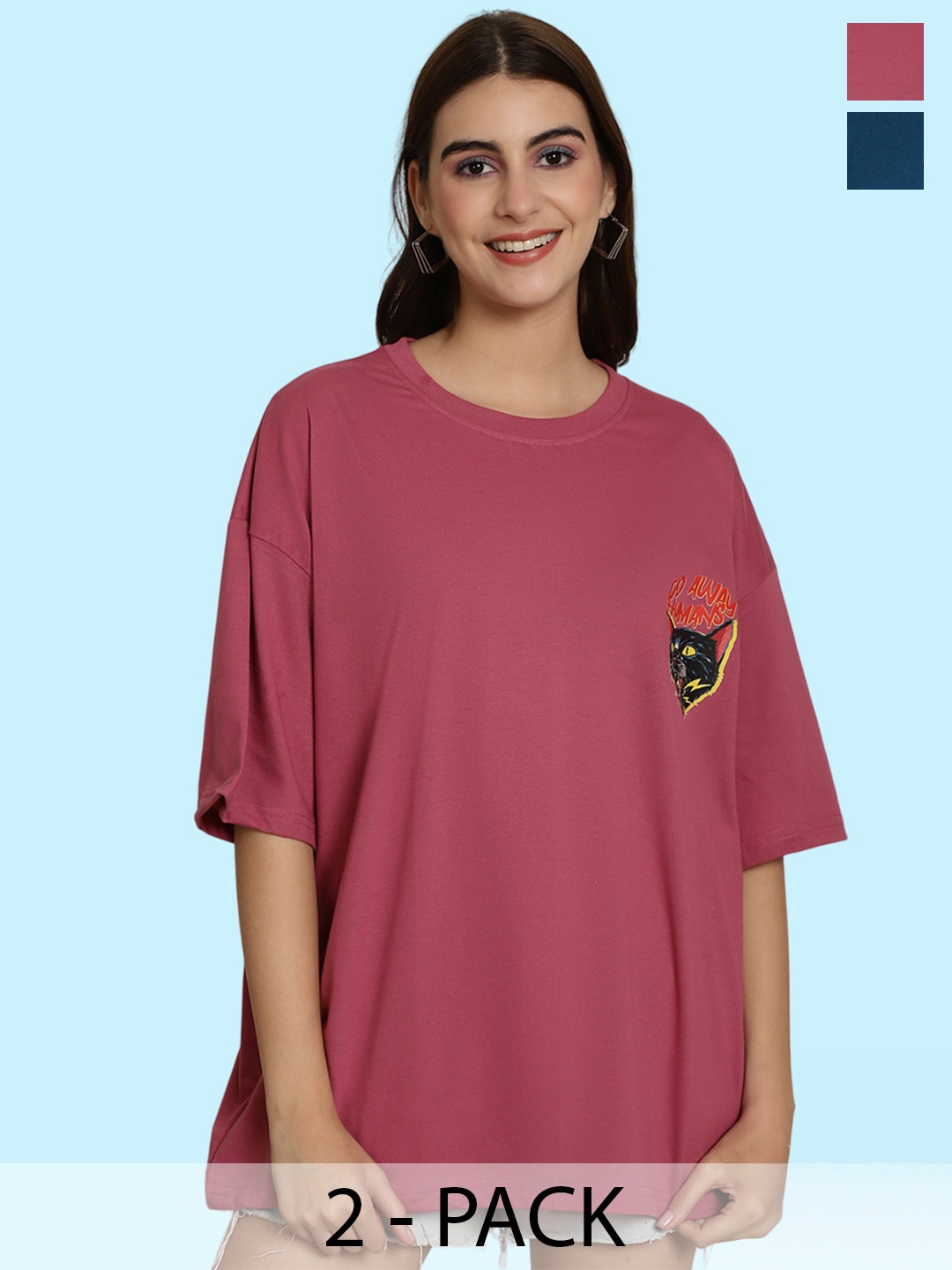 

BAESD Pack Of 2 Graphic Printed Drop-Shoulder Sleeves Oversized Cotton T-shirt, Pink