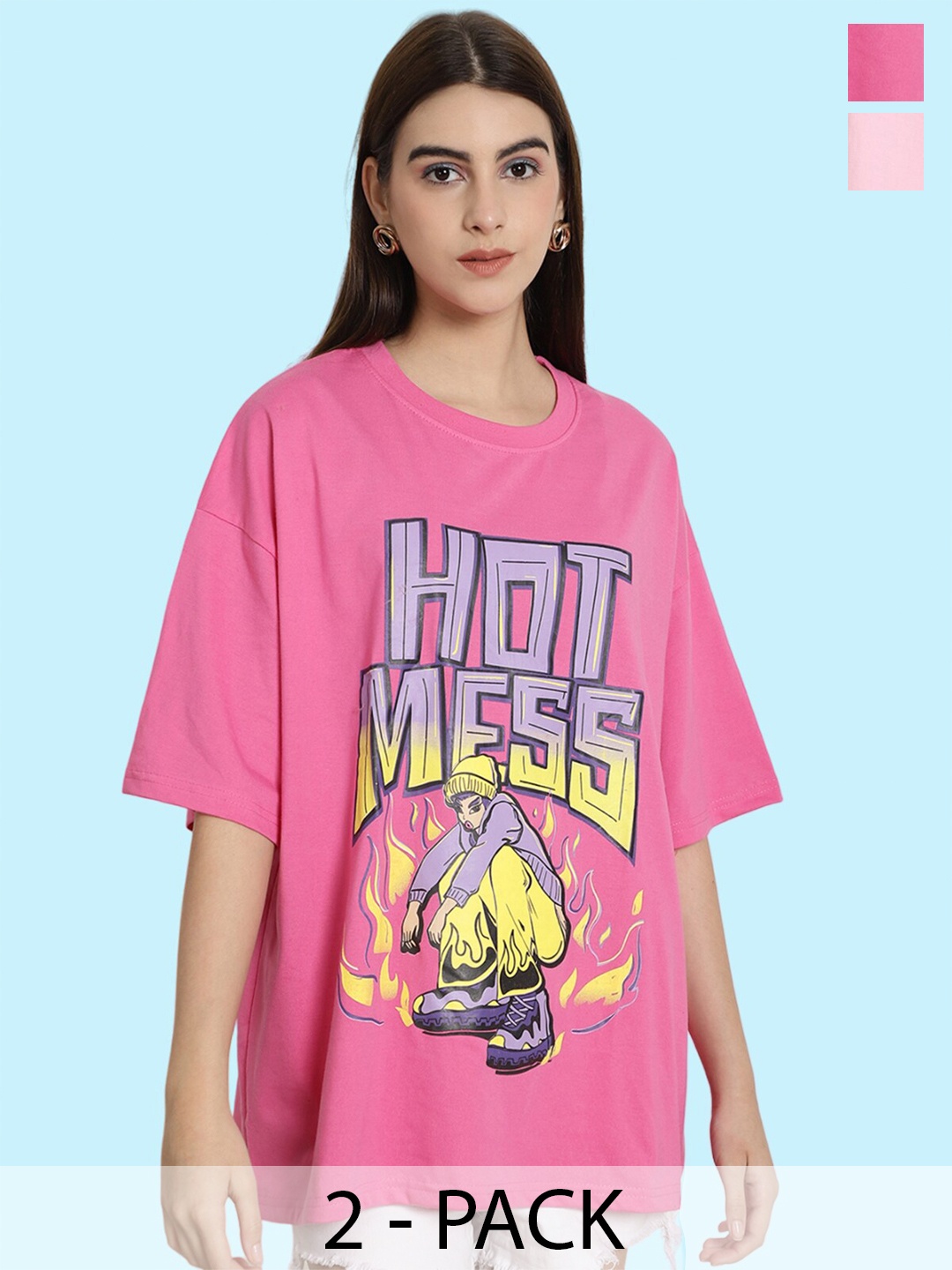 

BAESD Pack Of 2 Printed Oversized Cotton T-shirts, Pink