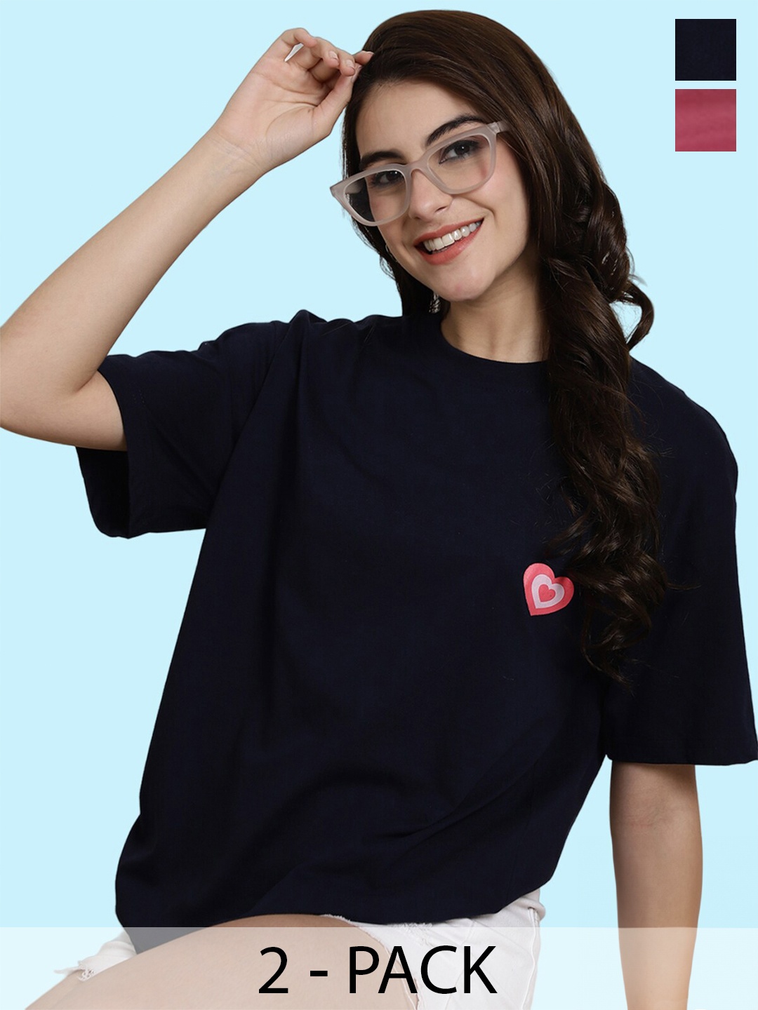 

BAESD Pack Of 2 Typography Printed Drop-Shoulder Sleeves Longline Cotton Oversized T-shirt, Navy blue