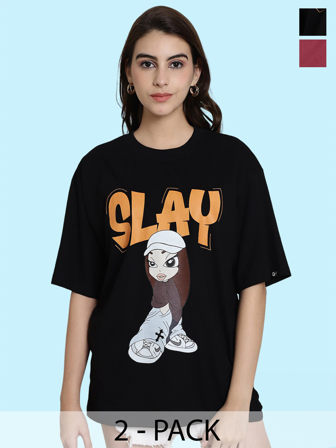 

BAESD Pack Of 2 Typography Printed Drop-Shoulder Sleeves Cotton Longline Oversized T-shirt, Black