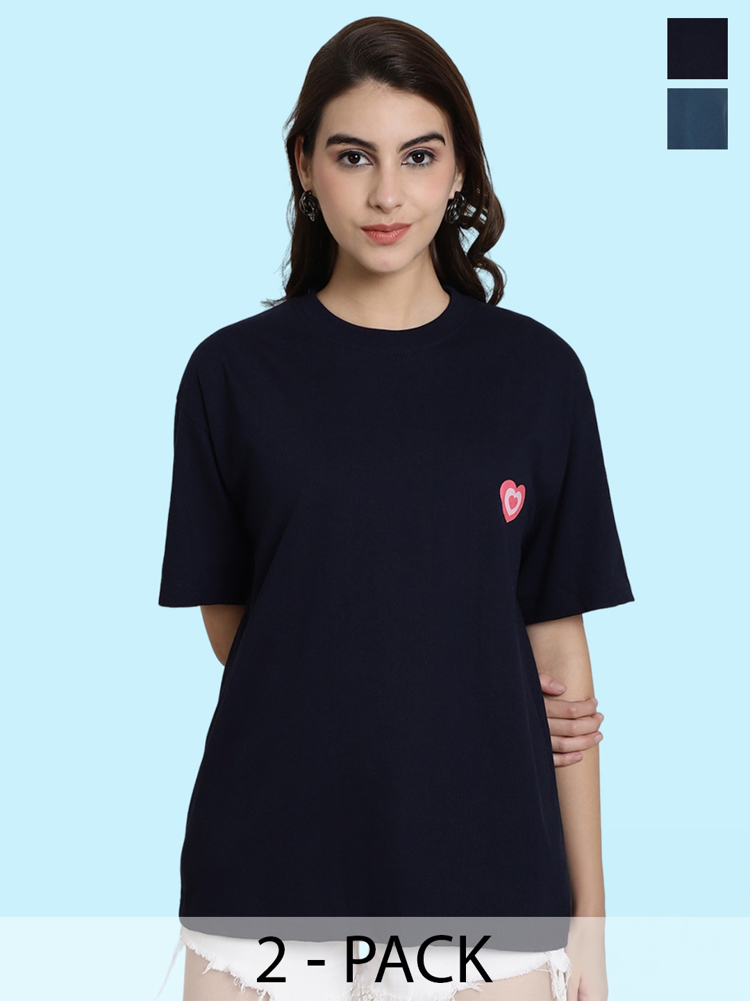 

BAESD Pack Of 2 Graphic Printed Drop-Shoulder Sleeves Oversized Cotton T-shirt, Navy blue