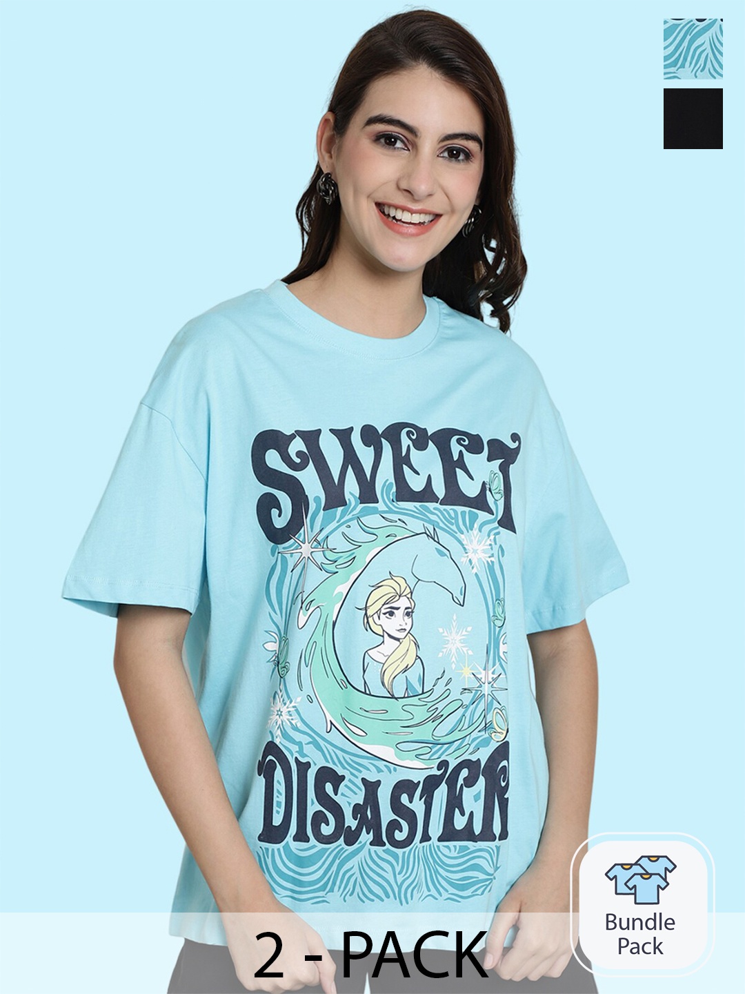 

BAESD Pack Of 2 Elsa Printed Oversized Cotton T-shirt, Blue