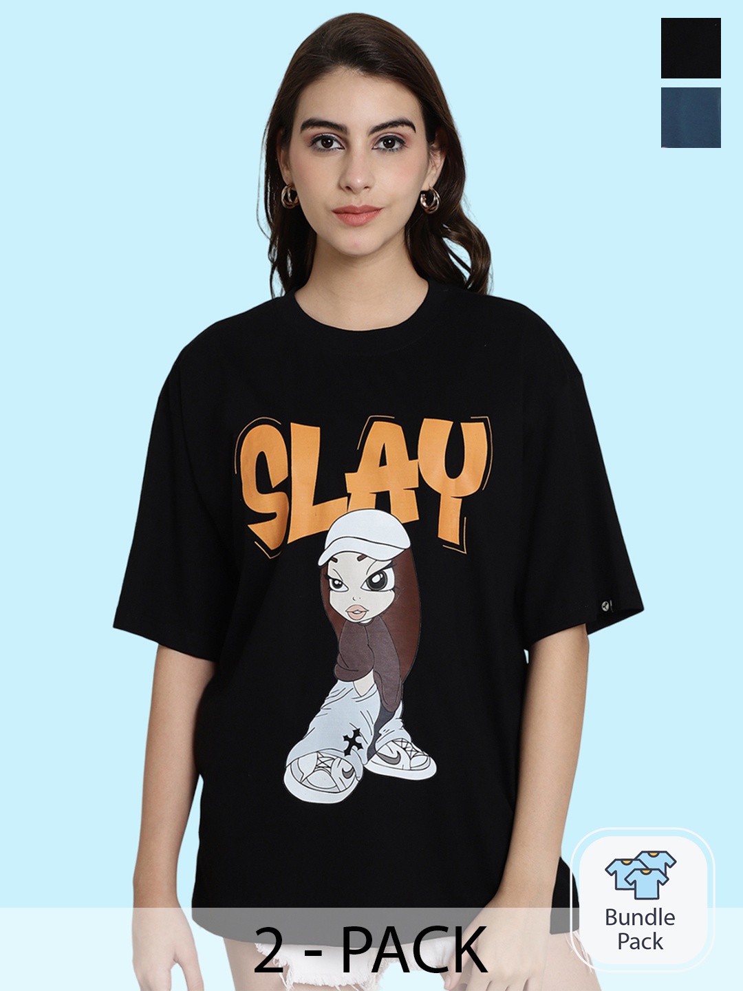 

BAESD Pack Of 2 Graphic Printed Drop-Shoulder Sleeves Oversized Cotton T-shirt, Black