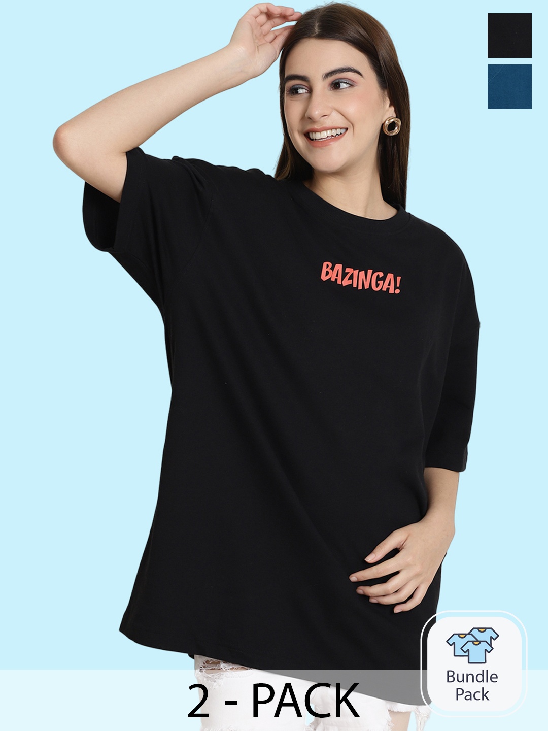 

BAESD Pack Of 2 Graphic Printed Drop-Shoulder Sleeves Oversized Cotton T-shirt, Black