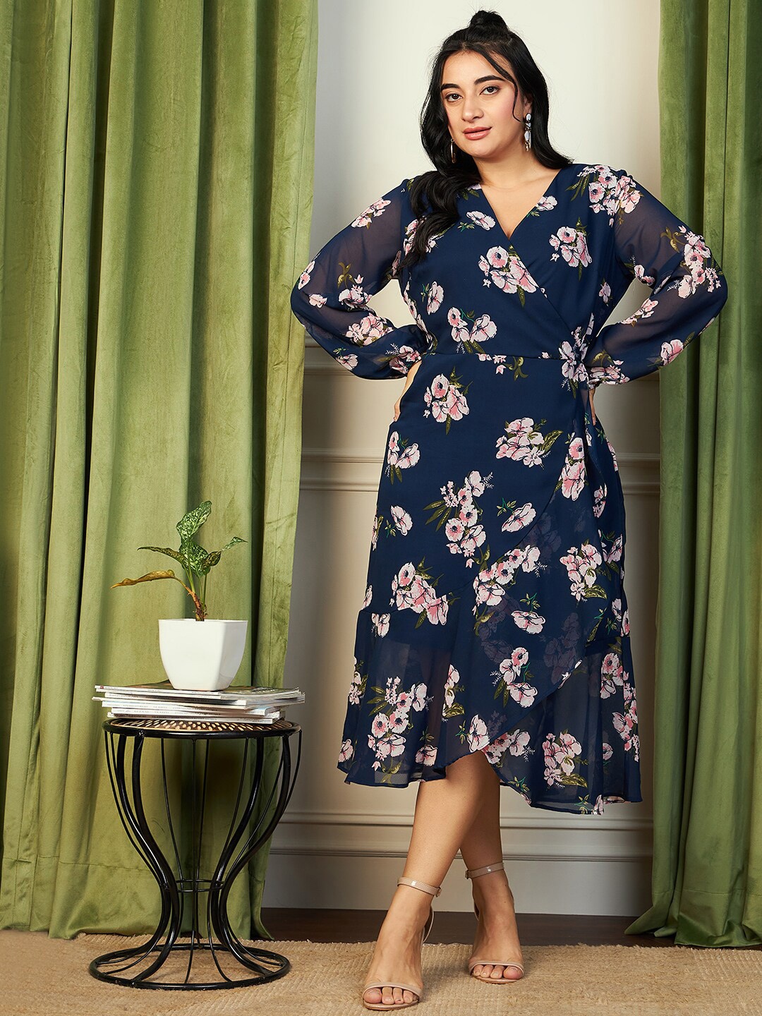

KASSUALLY Plus Size Navy Blue Floral Printed Ruffled Georgette Wrap Midi Dress