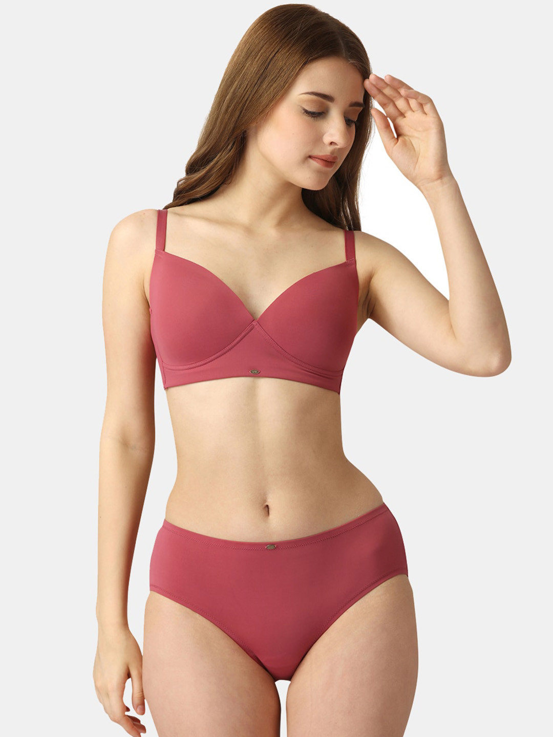 

SOIE Full Coverage Padded Non Wired Bra and High Rise Full Coverage Brief Lingerie Set, Rose