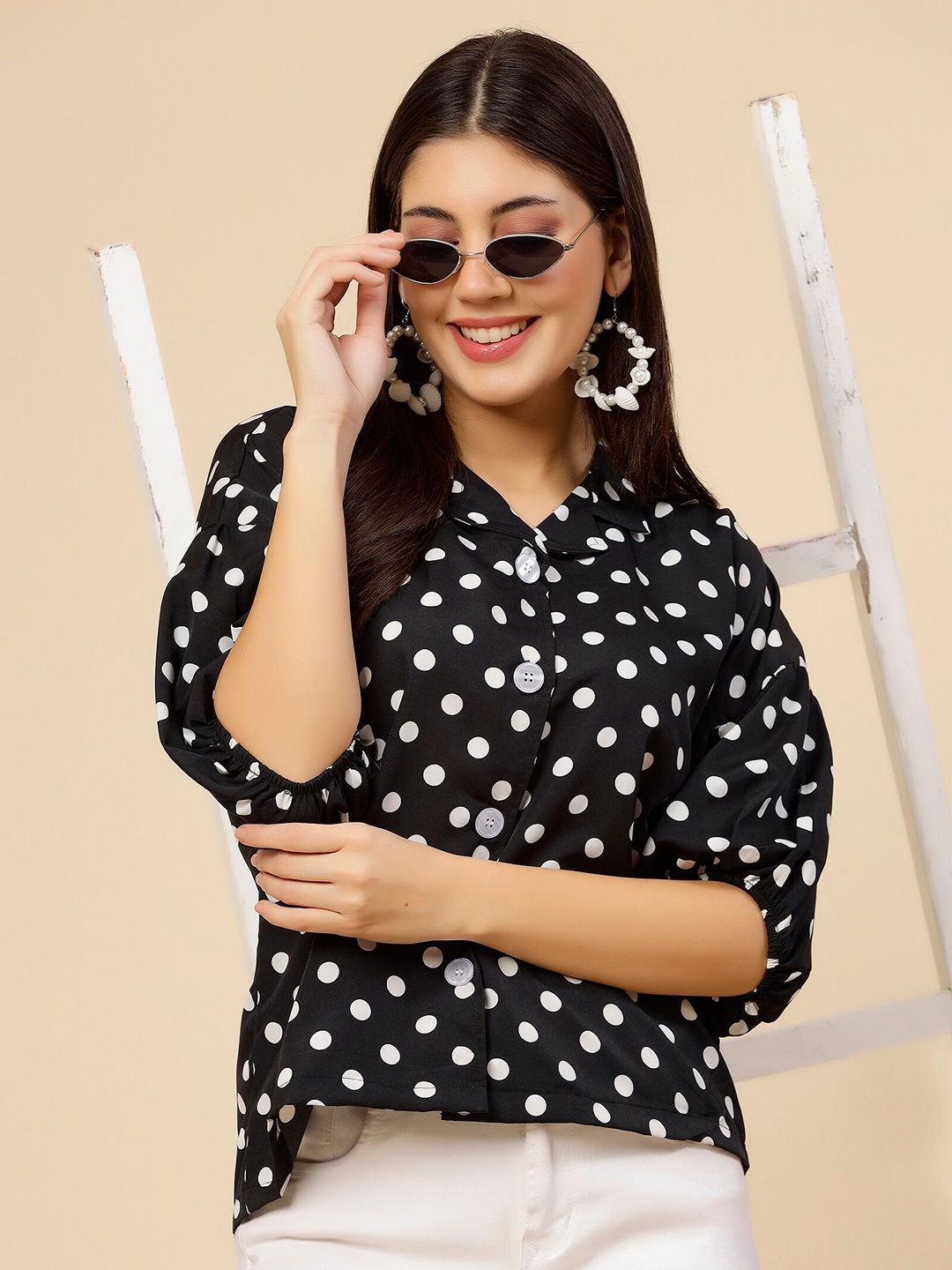 

MISS AYSE Polka Dot Print Puff Sleeves Shirt Style Top, Navy blue