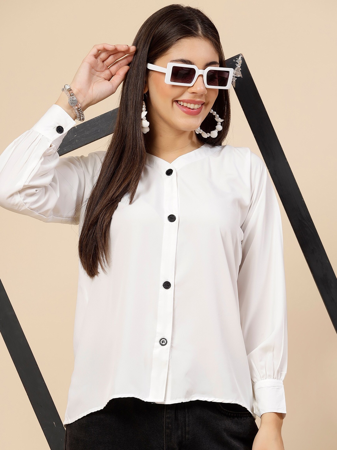 

MISS AYSE Mandarin Collar Crepe Shirt Style Top, White