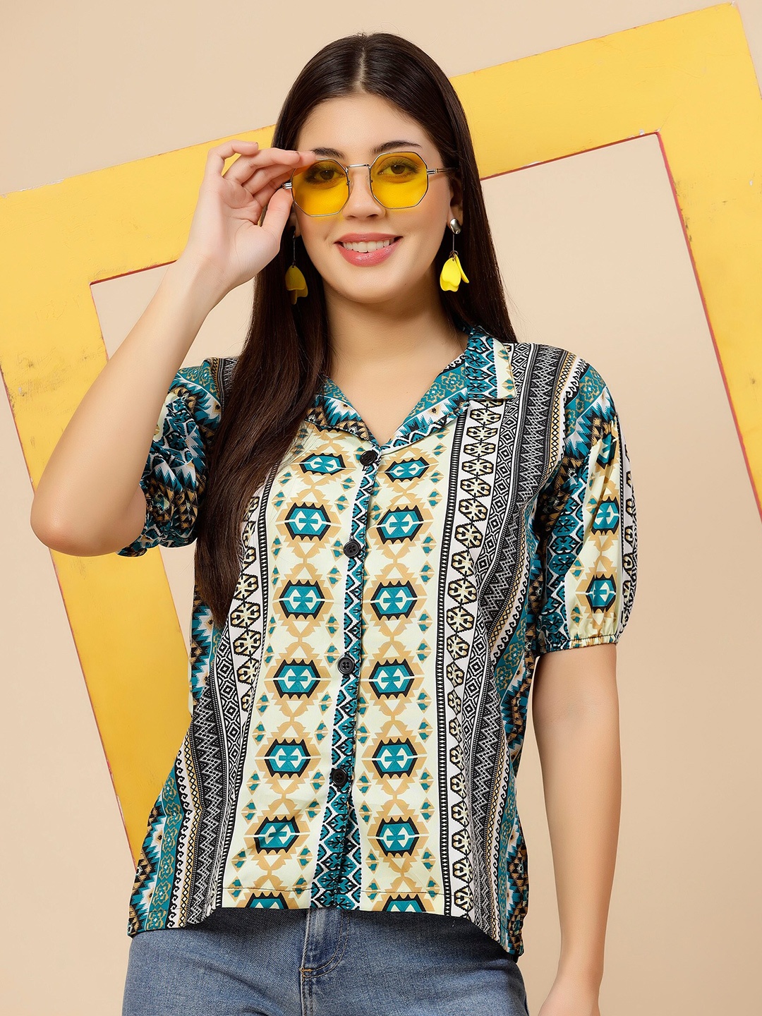 

MISS AYSE Ethnic Motifs Printed Mandarin Collar Crepe Shirt Style Top, Green