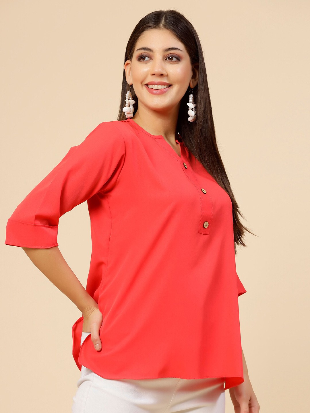 

MISS AYSE Notched Round Neck Shirt Style Top, Red