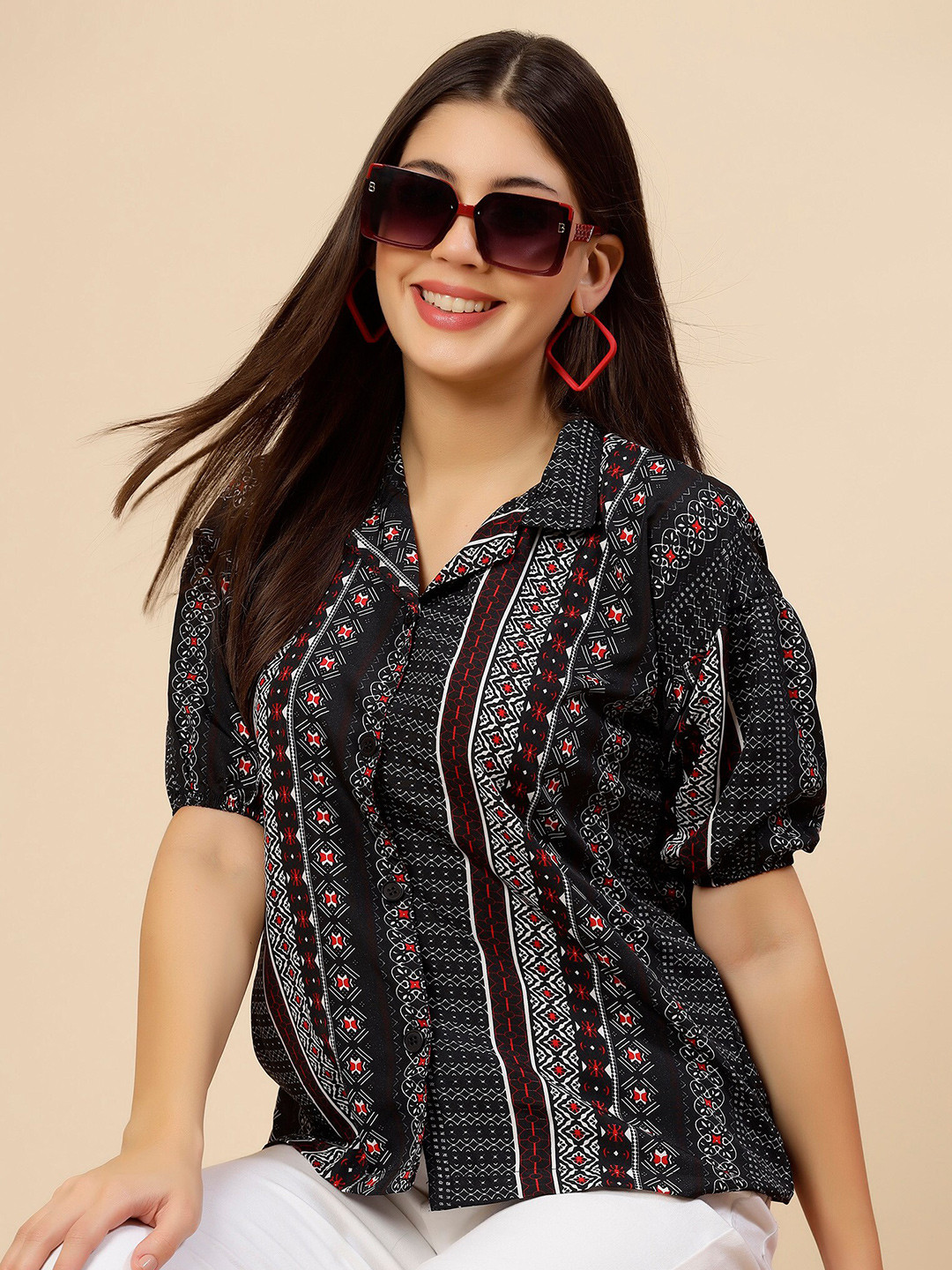 

MISS AYSE Ethnic Motifs Printed Tie-Up Neck Crepe Top, Black