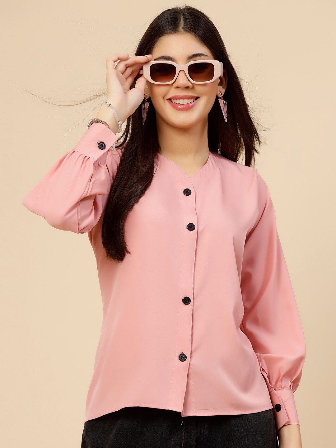 

MISS AYSE Mandarin Collar Crepe Shirt Style Top, Pink