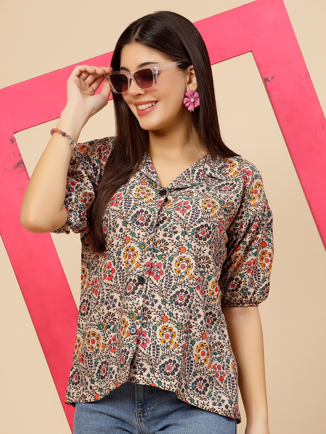 

MISS AYSE Floral Printed Crepe Shirt Style Top, Beige