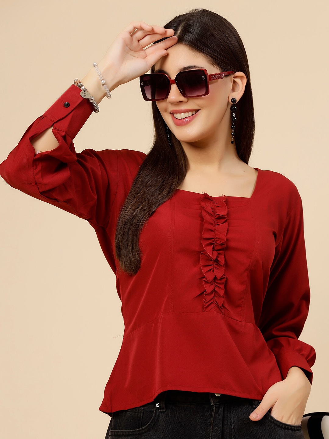 

MISS AYSE Square Neck Crepe Top, Maroon