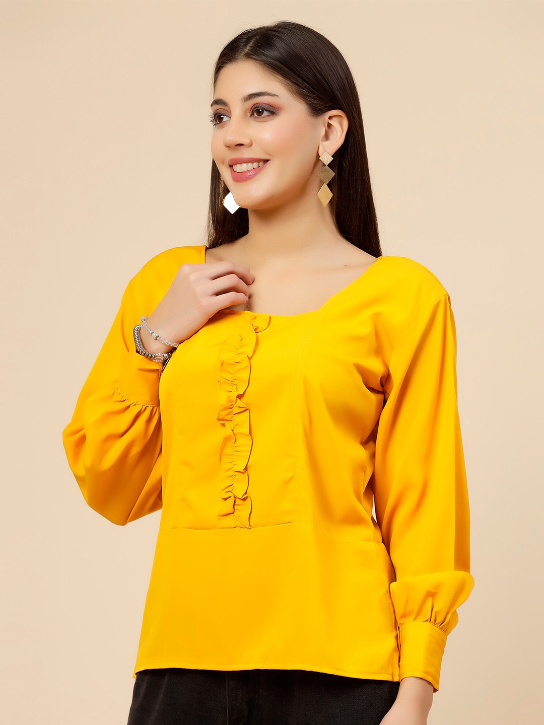 

MISS AYSE Square Neck Puff Sleeve Crepe Top, Yellow