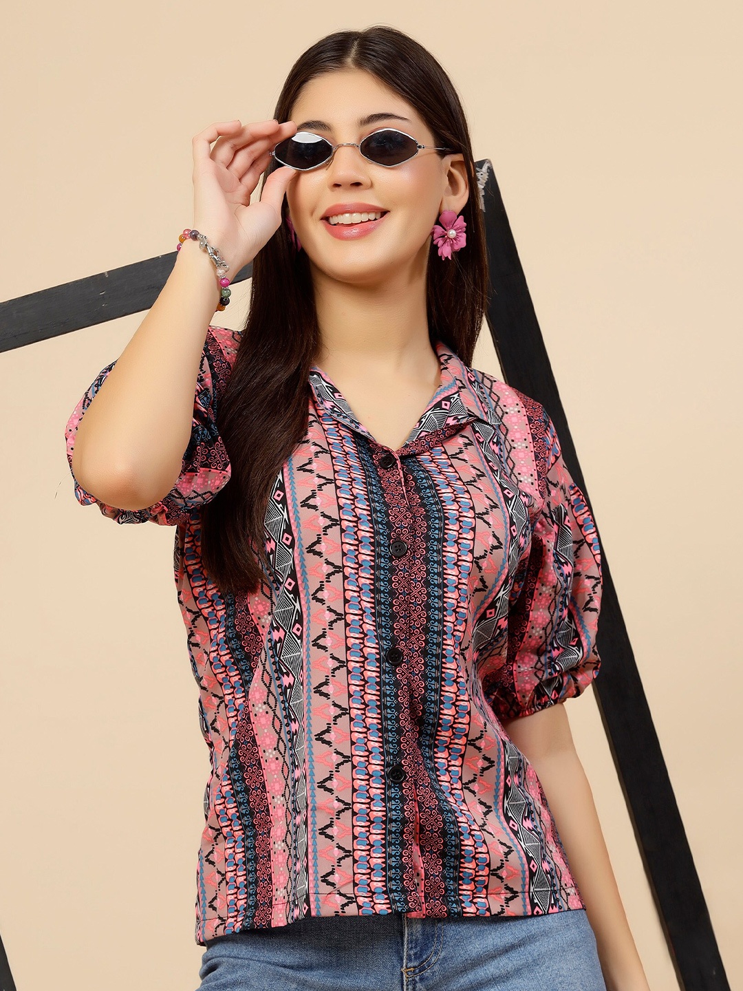 

MISS AYSE Abstract Printed Puff Sleeves Crepe Shirt Style Top, Pink
