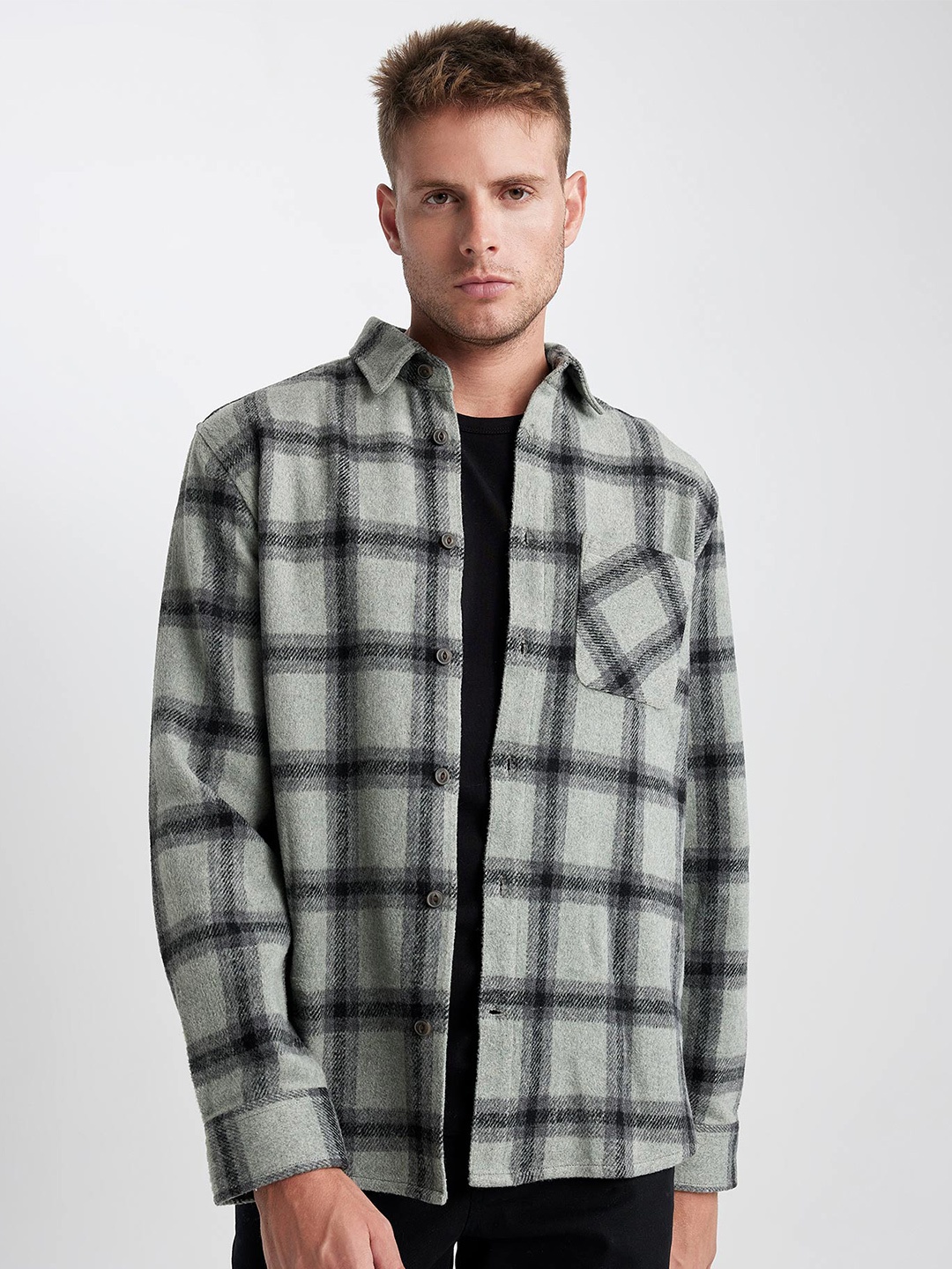 

DeFacto Tartan Checked Casual Shacket, Grey