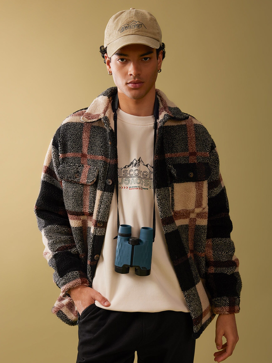 

DeFacto Tartan Checks Spread Collar Long Sleeves Casual Shacket, Black