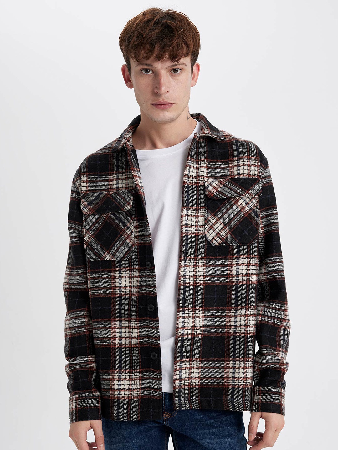 

DeFacto Checked Spread Collar Casual Shacket, Black