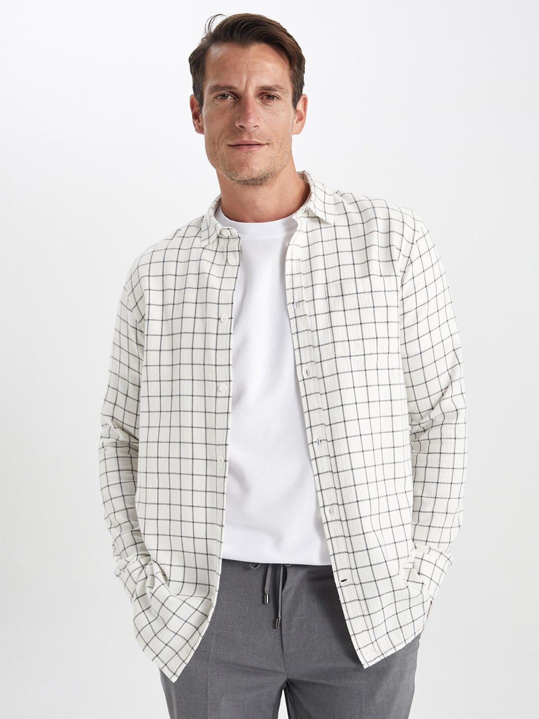 

DeFacto Grid Tattersall Checked Casual Pure Cotton Shacket, Off white