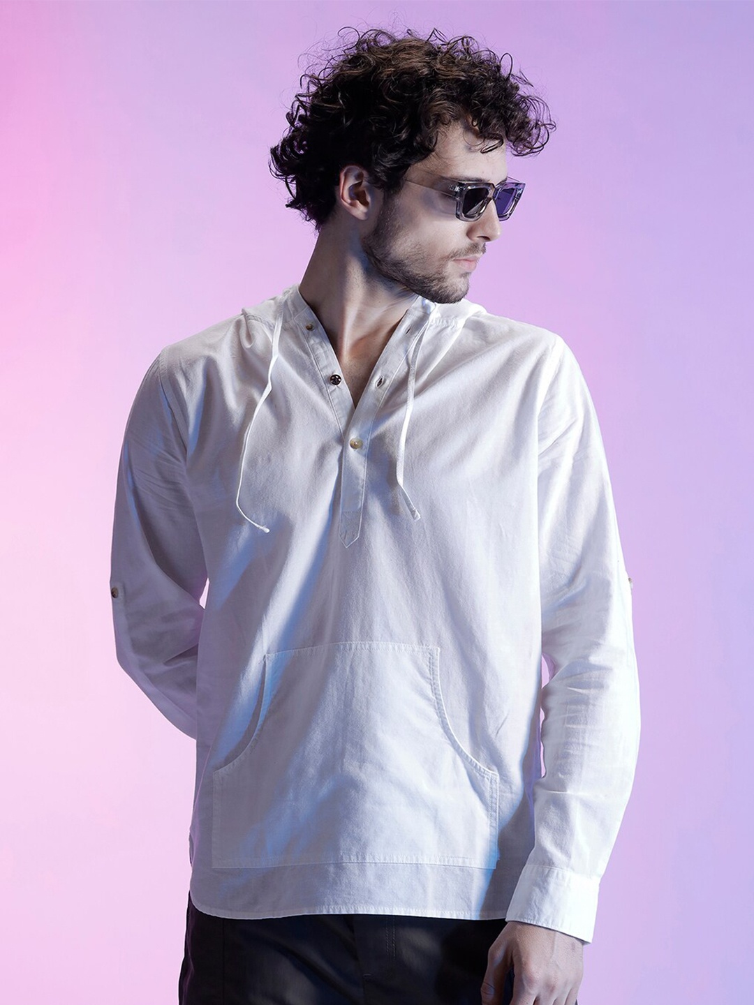 

WROGN Hooded Cotton Linen Casual Shirt, White