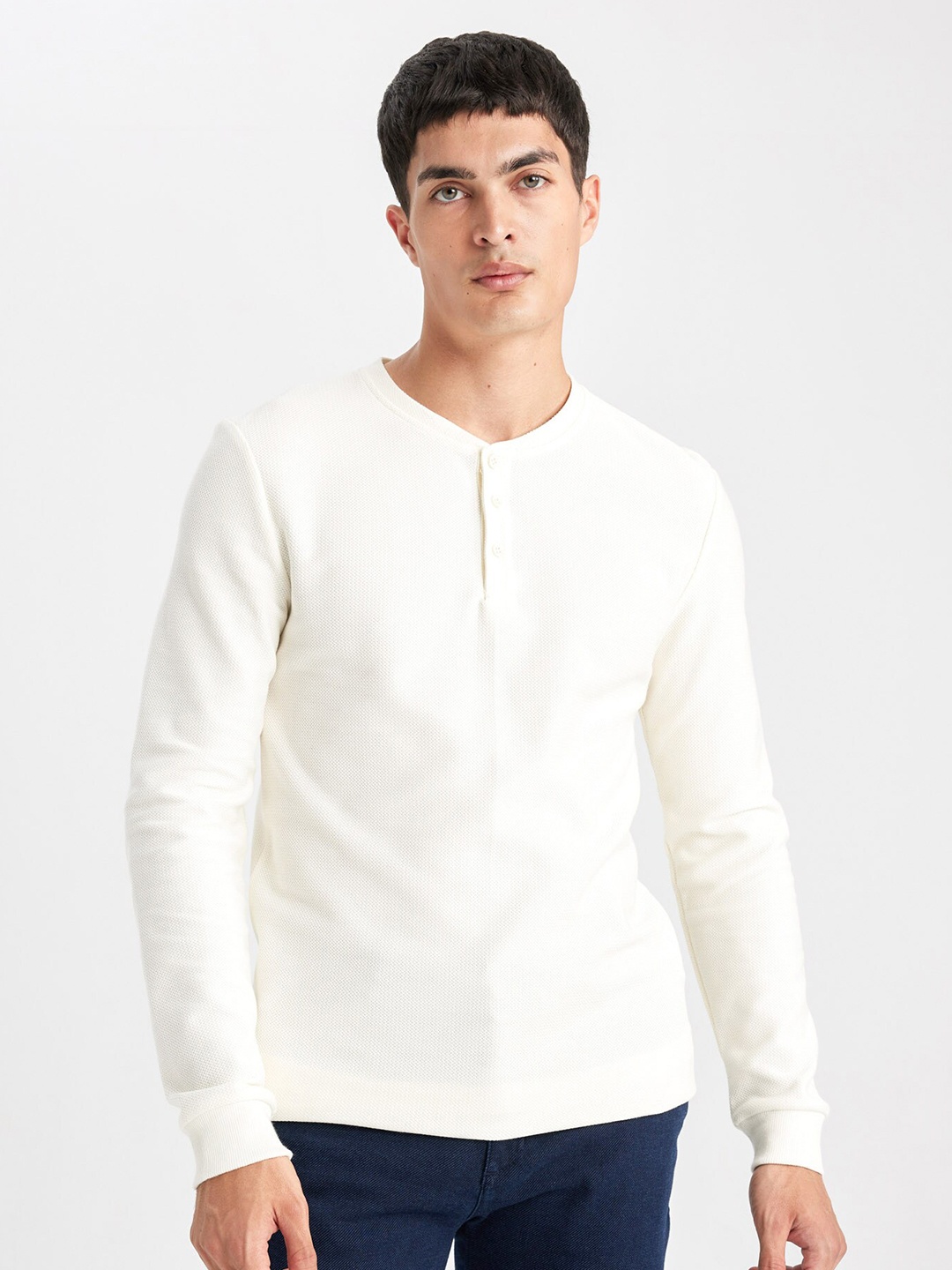 

DeFacto Henley Neck Long Sleeves Pure Cotton T-shirt, White