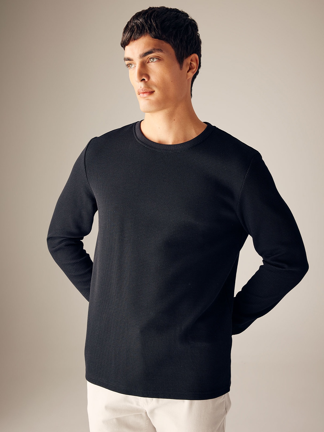 

DeFacto Self Design Round Neck Long Sleeves T-shirt, Black