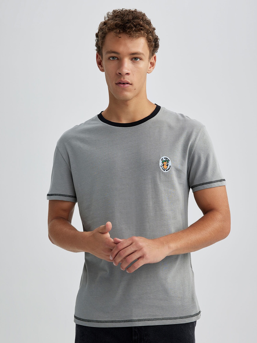 

DeFacto Round Neck Short Sleeves Pure Cotton T-shirt, Grey