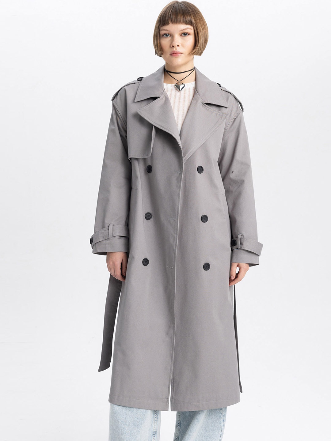 

DeFacto Notched Lapel Long Sleeve Cotton Trench Coat, Grey