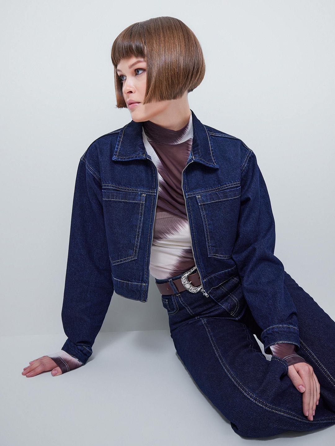 

DeFacto Spread Collar Long Sleeves Crop Cotton Denim Jacket, Blue
