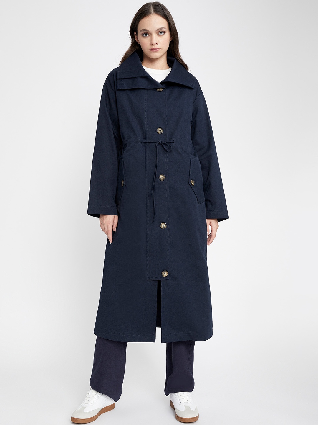

DeFacto Spread Collar Longline Pure Cotton Tailored Jacket, Navy blue