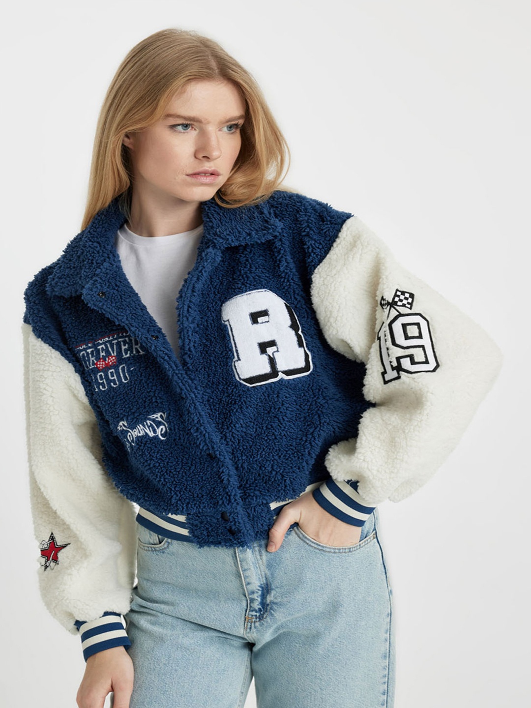 

DeFacto Typography Printed Spread Collar Long Sleeves Varsity Jacket, Blue