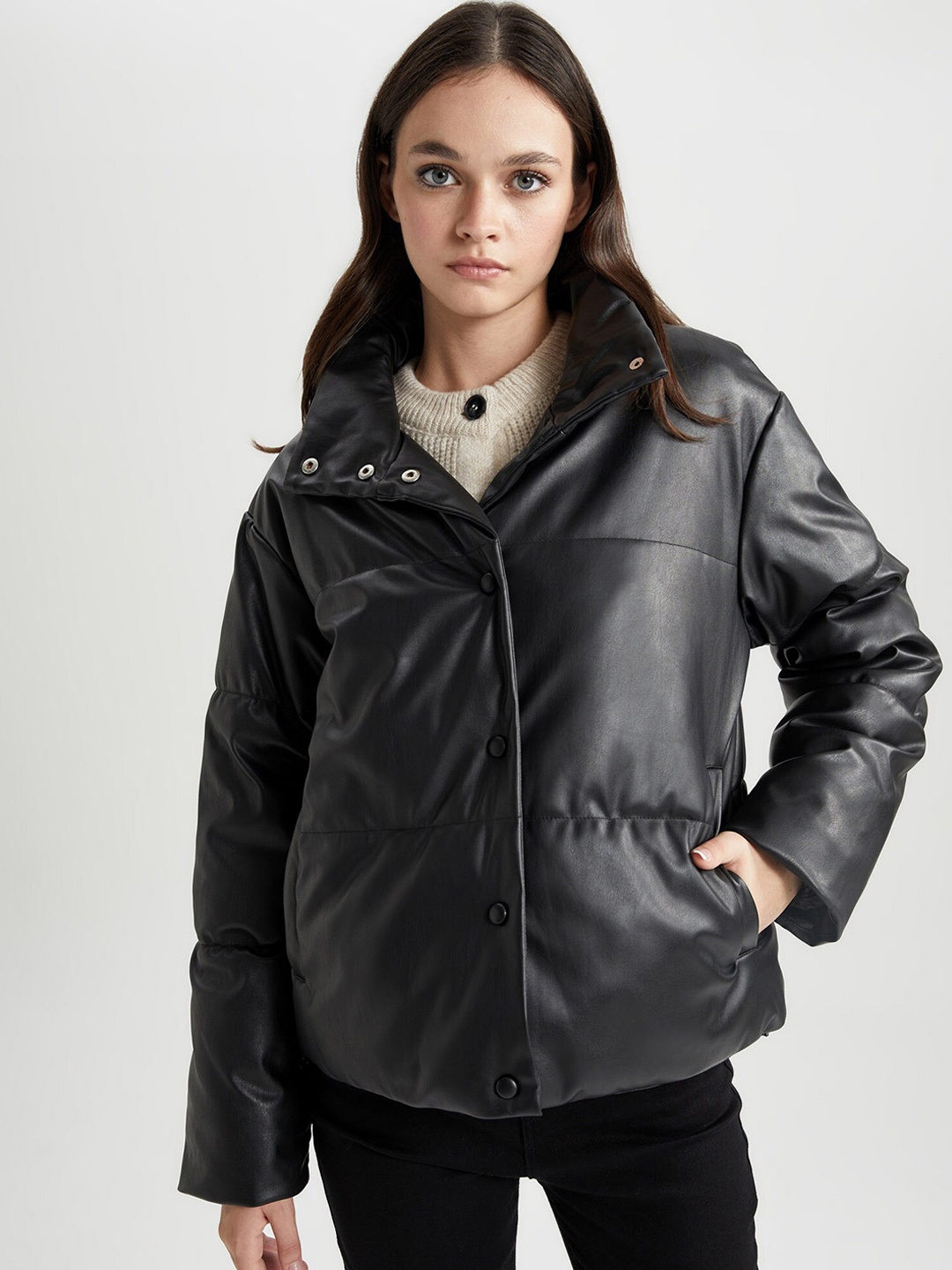 

DeFacto Spread Collar Biker Jacket, Black