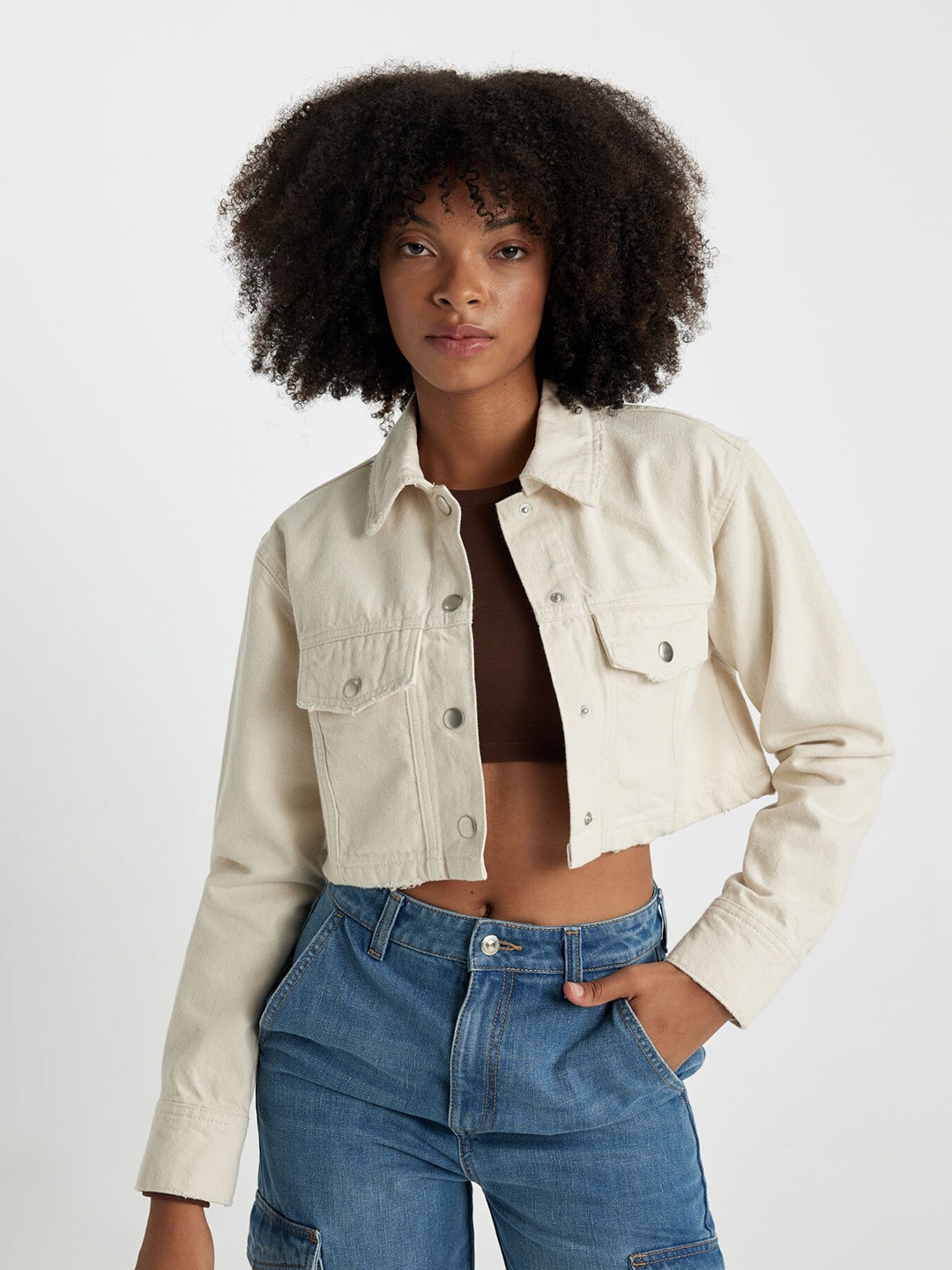 

DeFacto Spread Collar Pure Cotton Casual Shacket, Off white
